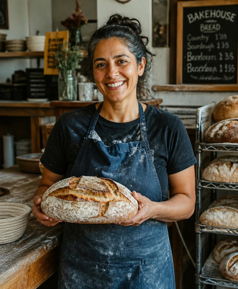 An independent baker holding a fresh loaf