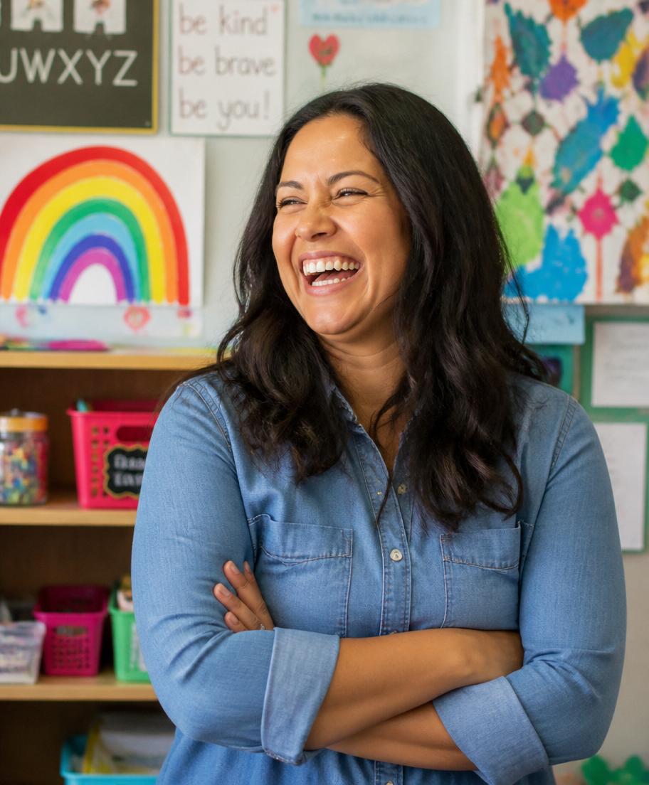 An independent tutor smiling in her workspace