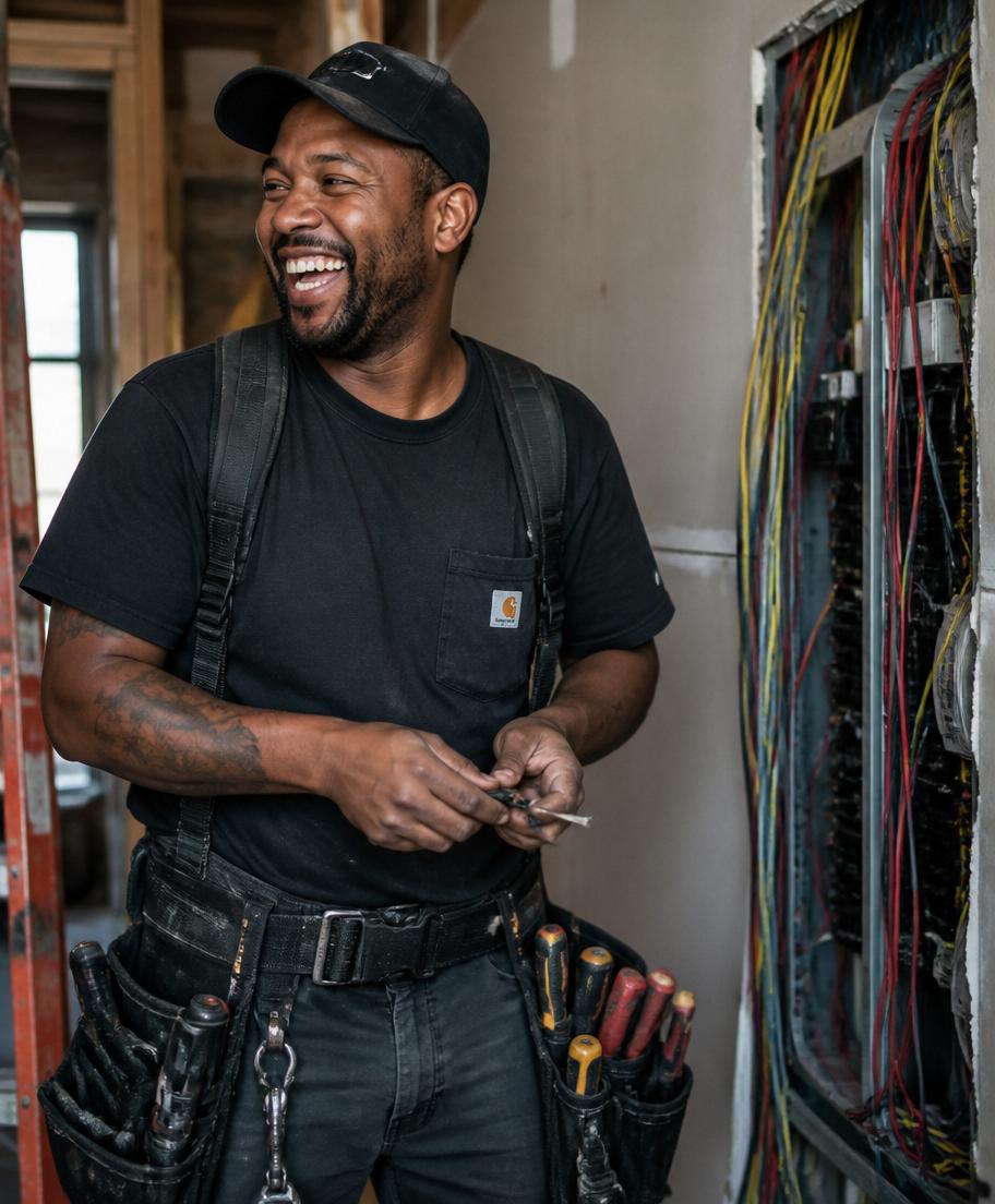 A self-employed electrician on a job site